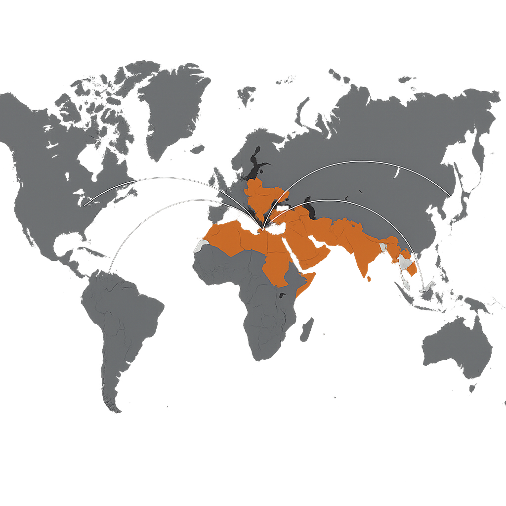 Global Network Map showing coverage in Europe, Balkans, Middle East, Africa, and Asia